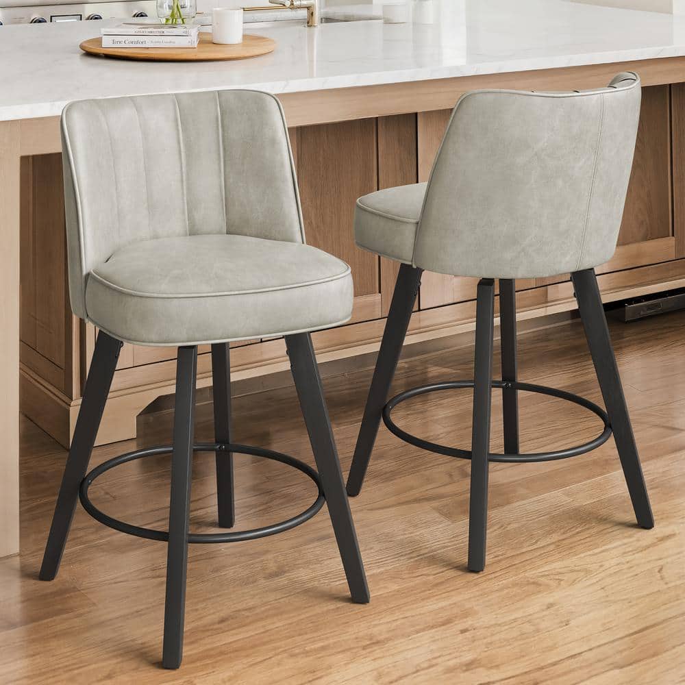 Paul 26 in. Light Gray Modern Faux Leather 360° Swivel High Back Barstool Solid Wood Counter Height Stool Set of 2 price history on PriceWatchPro