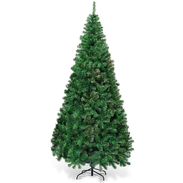 WELLFOR 8 ft. Green Unlit Full PVC Hinged Artificial Christmas Tree with Solid Metal Stand