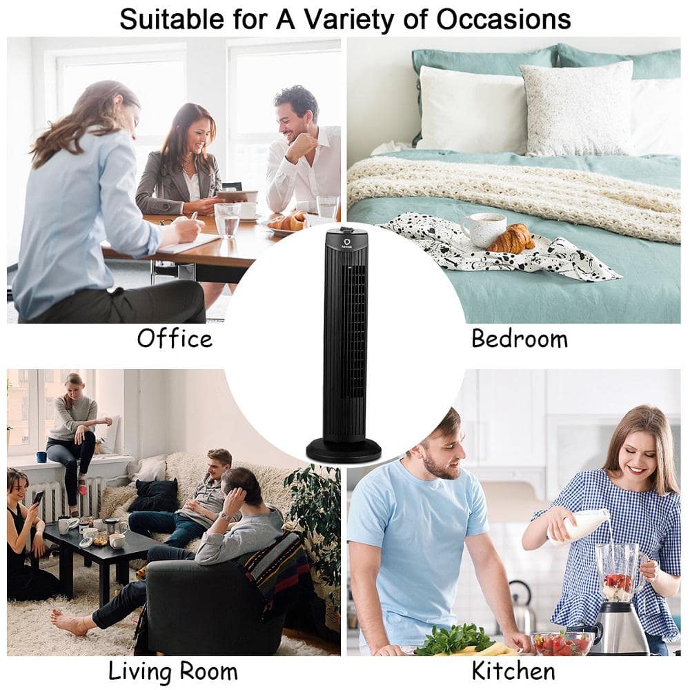 Black 28" Oscillating Bladeless Tower Fan with Three Speeds