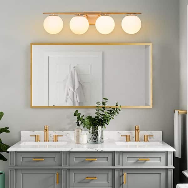RRTYO Kara 29.65 in. 4-Light Gold Vanity Light with Milky White Glass Ball Shade