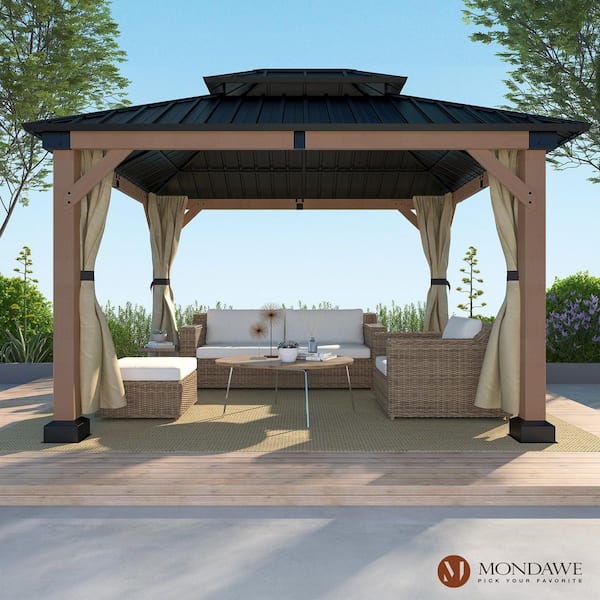 Beverly Hills 10 ft. x 12 ft. Cedar Wood Frame Outdoor Patio Gazebo with Galvanized Steel Double Hardtop and Curtains