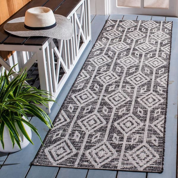 Courtyard Black/Gray 2 ft. x 8 ft. Striped Geometric Diamond Indoor/Outdoor Runner Rug