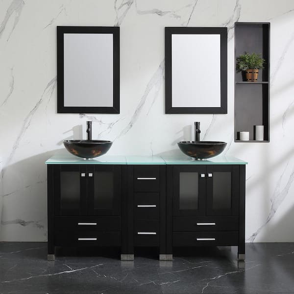 60.63 in. Double Painted Tempered Glass Black Sinks Freestanding Black Bath Vanity with Green Tempered Glass Top