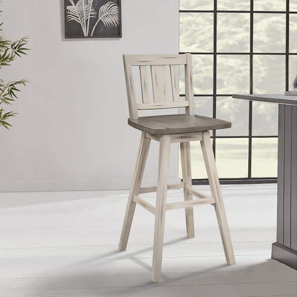 Fenton 28 in. Distressed Gray and White Wood Swivel Pub Height Chair (Slat Back) with Wood Seat (Set of 2)