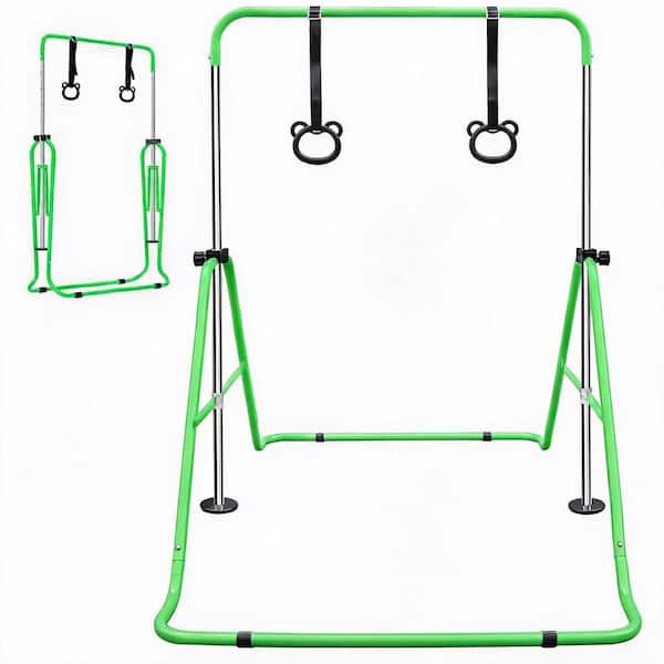 34.8 in. 51 in. Adjustable Height Children's Gymnastic Bar with Bear Rings, Foldable Steel Kids Horizontal Bar for Home