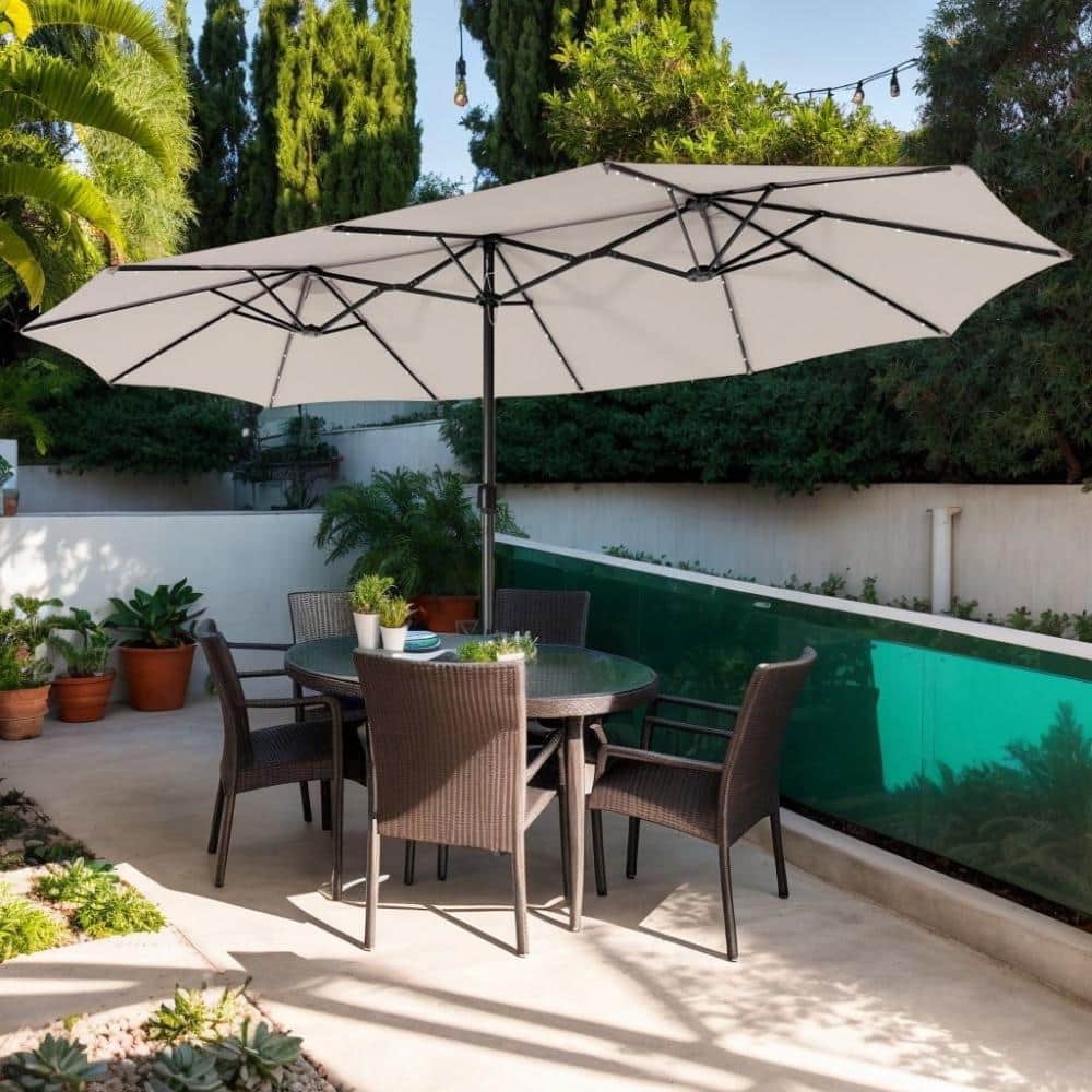 15Ft Twin Patio Umbrella Equipped With 48 Solar Led Lights Beige For Backyard price history on PriceWatchPro