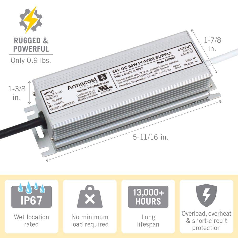 60W Silver Aluminum Waterproof LED Driver for Indoor/Outdoor Use