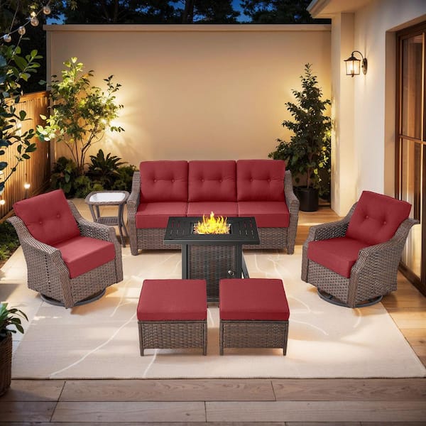 Modern Farmhouse 7-Piece Brown Wicker Square Metal Fire Pit Conversation Set with Red Cushions and Patio Swivel Chairs
