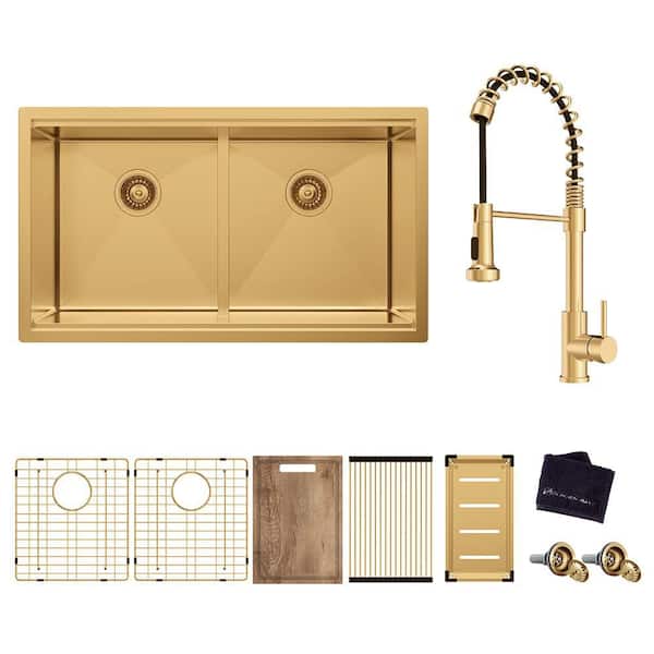 33 in. Undermount Double Bowl 18-Gauge Gold Stainless Steel Workstation Kitchen Sink with Accessories