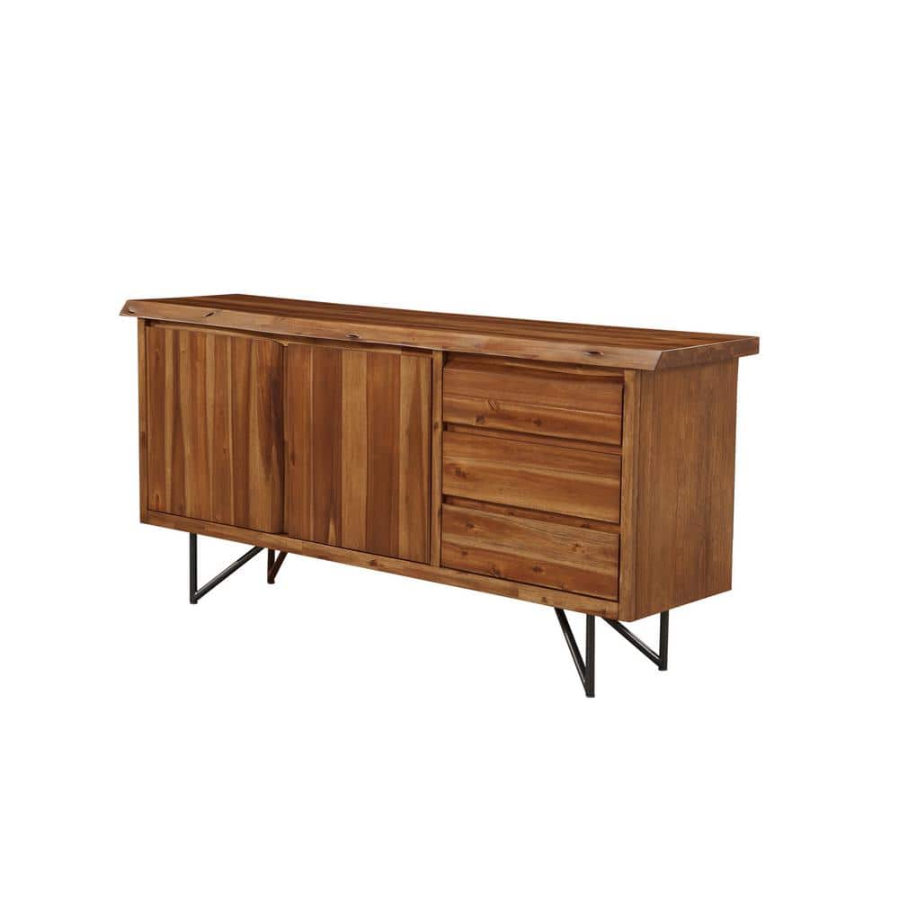 Transitional Industrial Live Edge Acacia Wood Dining Server in Light Walnut