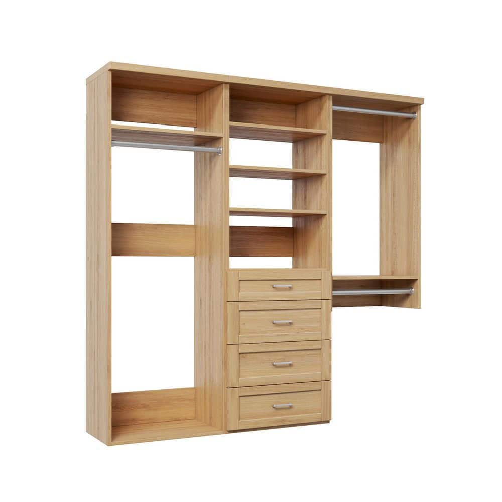 76.5 in. W Natural Oak Reach-in Wall-Mount 3-Rod 4-Shaker-Drawers 5-Shelf Wood Closet System