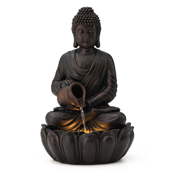 20.5 in. H Outdoor Zen-Style 2-Tiered Buddha Statue Polyresin Floor Fountain with Pump and LED Light