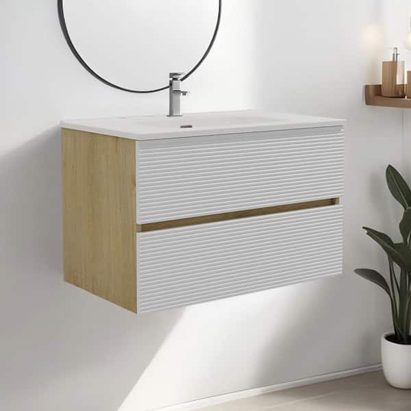 Paterno 29.63 in. W x 17.93 in. D x 18.79 in. H Single Sink Floating Natural Oak Bath Vanity w/ White Ceramic Vanity Top