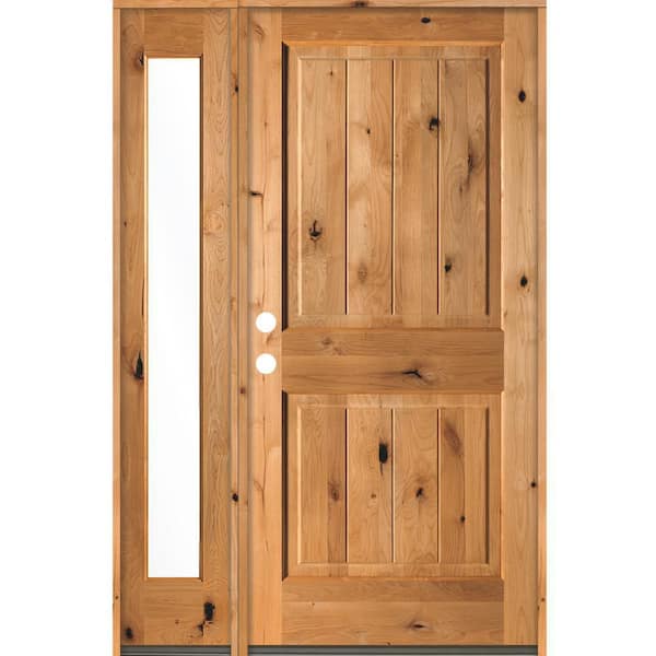 56 in. x 80 in. Rustic Knotty Alder Sidelite 2 Panel Right-Hand/Inswing Clear Glass Clear Stain Wood Prehung Front Door