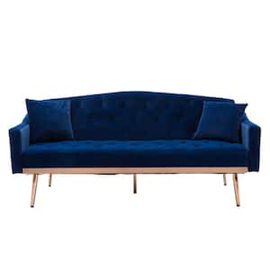 65 in Navy Blue Velvet Upholstered Tufted Convertible Sofa Bed with Golden Metal Legs