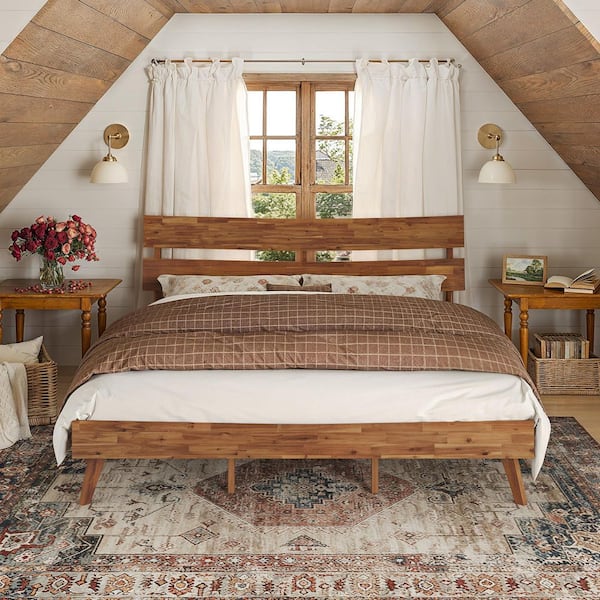 Mila Mid Century Brown Caramel Acacia Solid Wood Frame King Platform Bed Frame with Curved Headboard, Easy Assembly