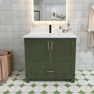 36 in. W x 22 in. D x 35 in. H Single Sink Freestanding Bath Vanity, Green with Carrara White Marble Top and White Basin