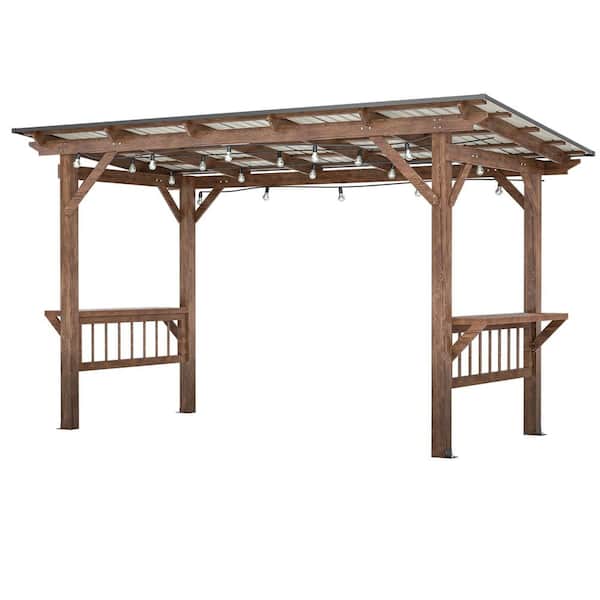 6.5 ft. x 12 ft. Brown Wooden Pergola Grill BBQ Gazebo with Metal Roof, Bulbs, Bar Counters, Screws and Metal Plates