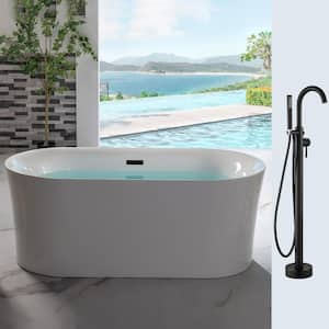 59 in. L x 29.5 in.W Acrylic Flat Bottom Bathtub in White with Matte Black Drain and Tub Filler
