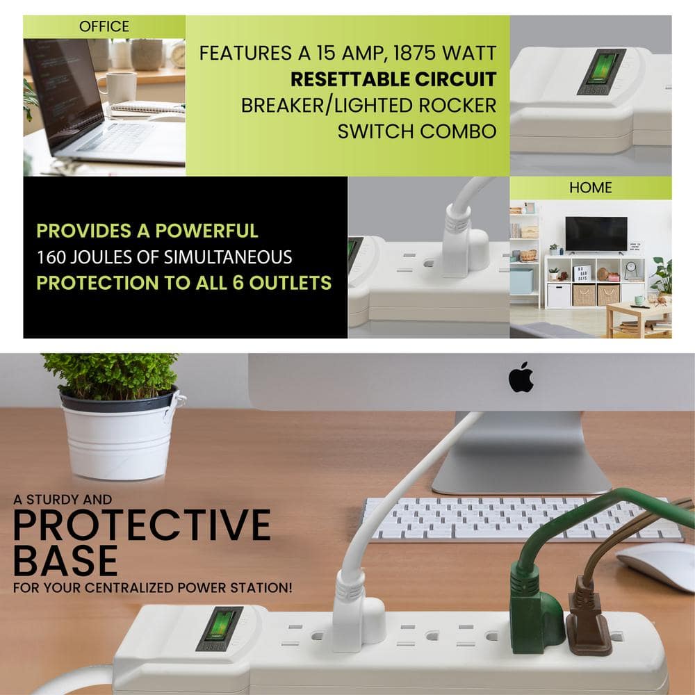 White 3' Cord 6-Outlet Surge Protector with Circuit Breaker