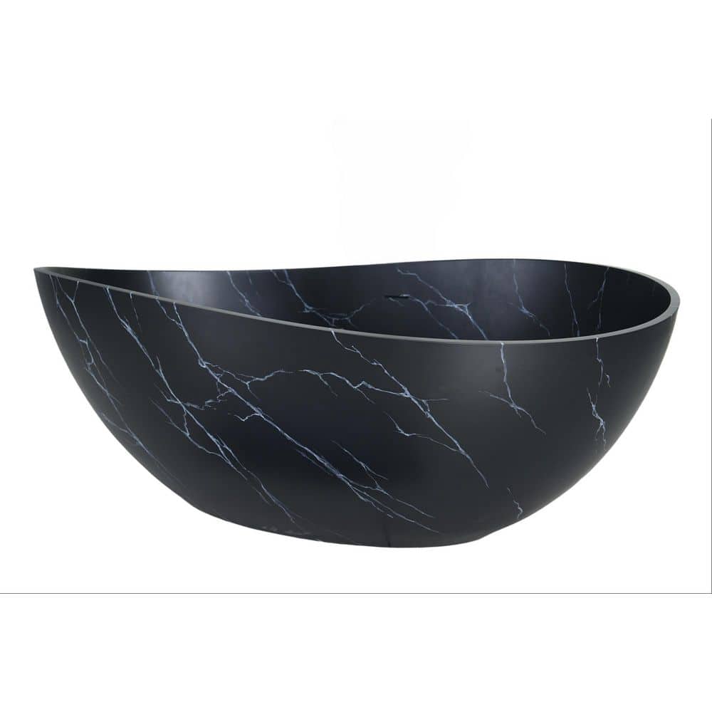 63 in. x 37 in. Freestanding Flat Bottom Solid Surface Stone Soaking Bathtub with Center Drain in Marbling Matte Black price history on PriceWatchPro