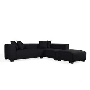 Phoenix 3-Piece Black Linen 4-Seater L-Shaped Right-Facing Sectional Sofa with Ottoman