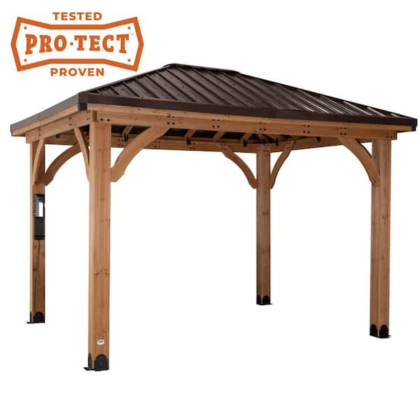 Backyard Discovery Barrington 12 ft. x 10 ft. All Cedar Wood Outdoor Gazebo Structure w/ Hard Top Steel Metal Hip Roof and Electric, Brown