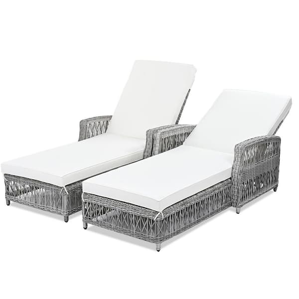 2-Piece Gray Frame Wicker Outdoor Chaise Lounge with Armrests and Soft Beige Removable Cushions