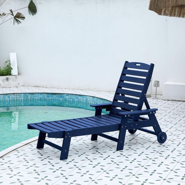Navy Blue HDPE Wood Texture Outdoor Chaise Lounge with Wheels and