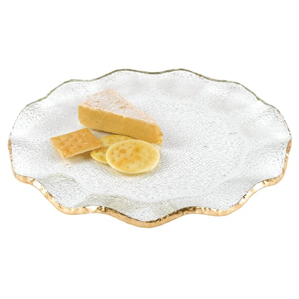 13 in. Gold Hand Decorated Leaf Edge Mouth Blown Textured Glass Round Wavy Platter or Charger