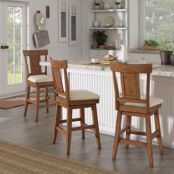 24 in. H Oak Panel Back Swivel Chair with Beige Linen Seat