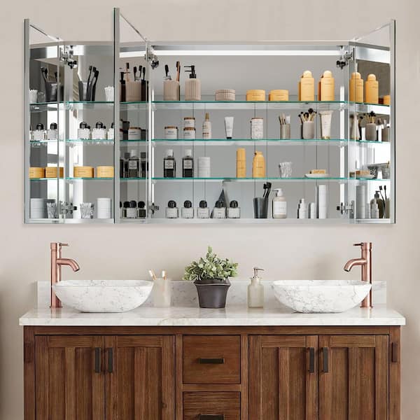 48 in. W x 30 in. H Rectangular Aluminum Alloy Medicine Cabinet with Mirror and Adjustable Shelf, Triple Swing