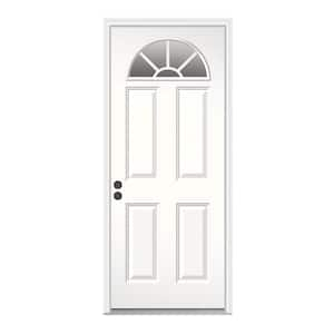 32 in. x 80 in. Right-Hand/Inswing Fan Lite Clear Glass White Primed Steel Prehung Front Door with Brickmould