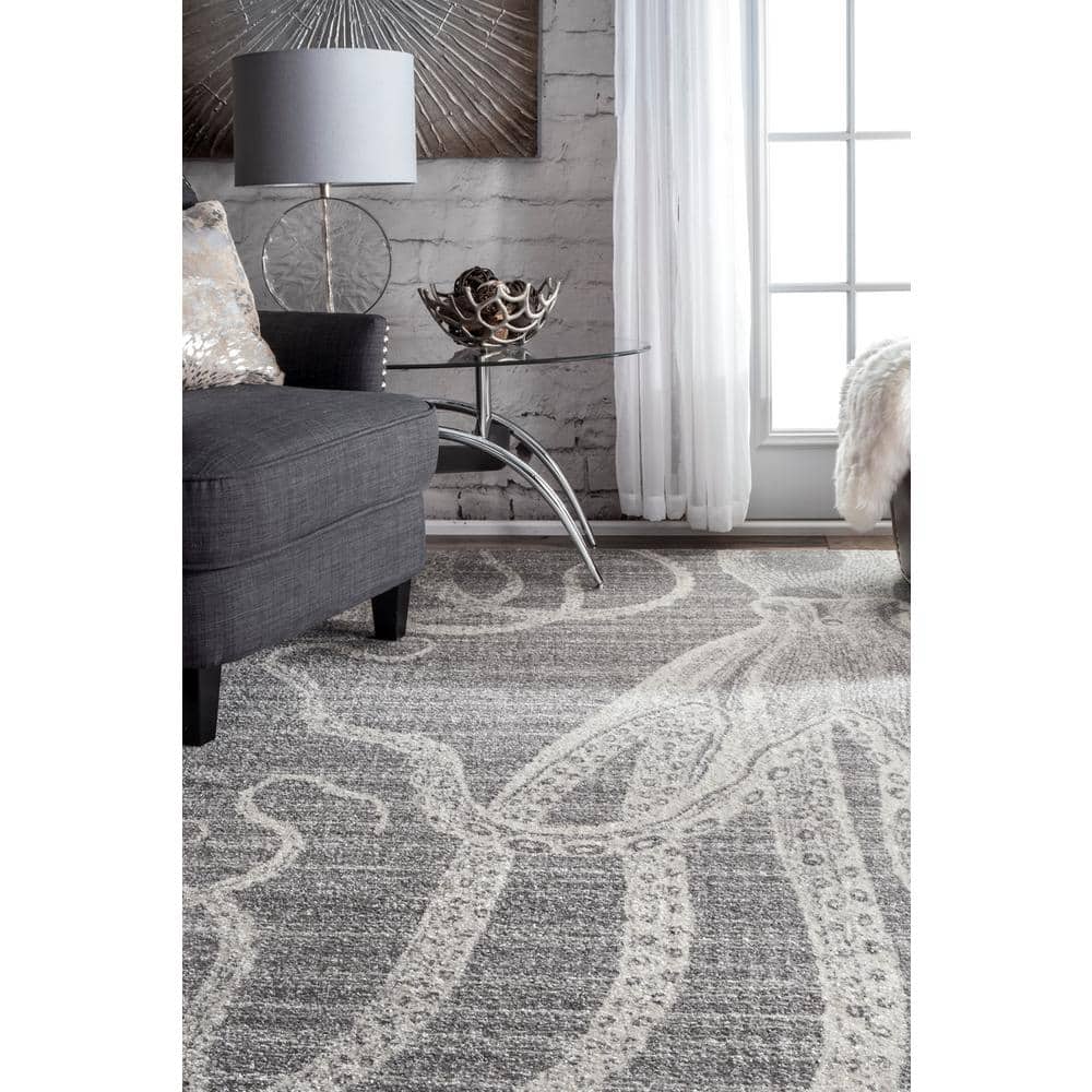 Gray and White Striped Octopus Synthetic Area Rug