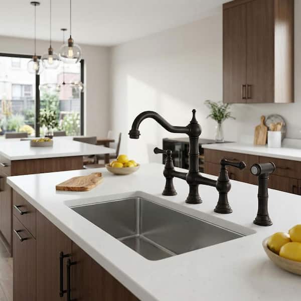 Vintage Double Handle Bridge Kitchen Faucet with Side Sprayer in Oil Rubbed Bronze
