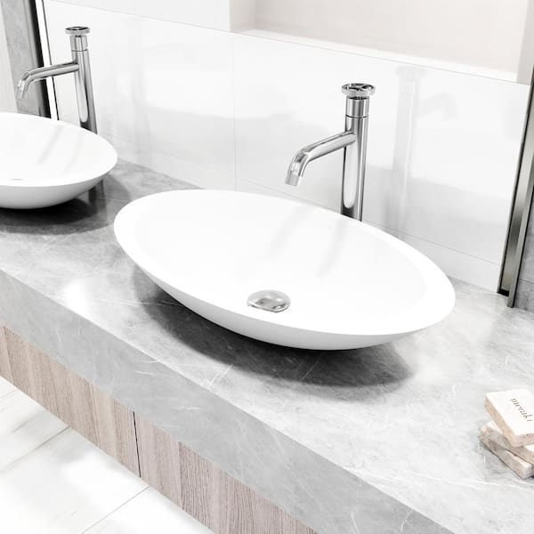 Matte Stone Wisteria Composite Oval Vessel Bathroom Sink in White with Cass Faucet and Pop-Up Drain in Chrome