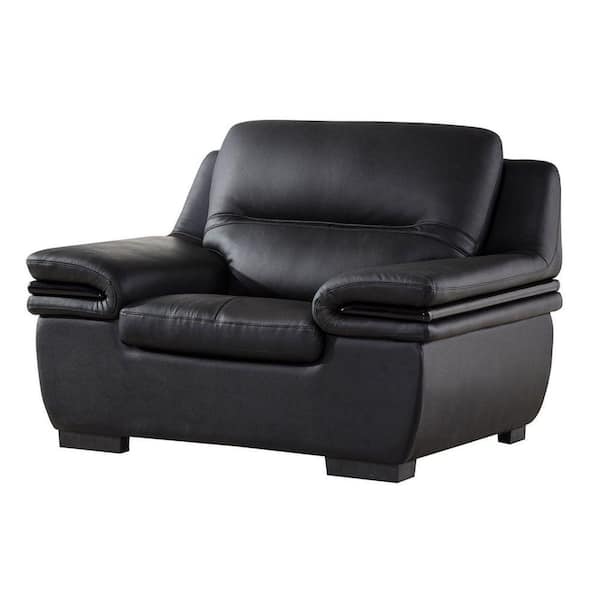 Benjara Black Leather Arm Chair with Wooden Trim Armrest