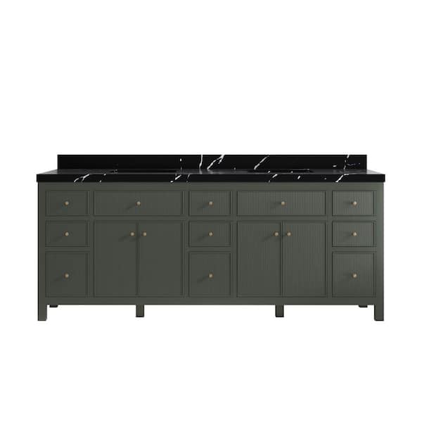 Willow Collections Sonoma 84 in. Double Sink Freestanding Pewter Green Bath Vanity with Calacatta Black Qt. Top Unassembled