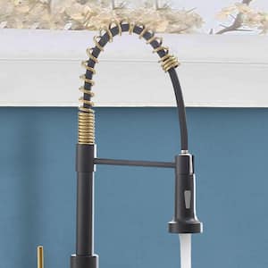 LED Single Handle Deck-Mount Pull Down Sprayer Kitchen Faucet with spray and stream in Matte Black Brushed Gold