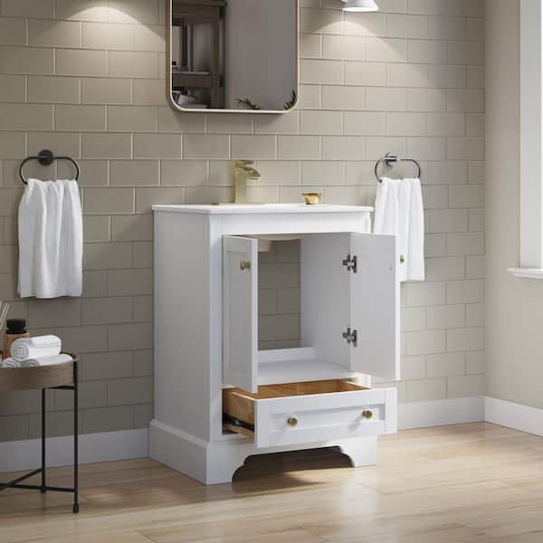 Modern 24 in. Solid Wood Single Sink Freestanding White Bath Vanity with White Ceramic Top