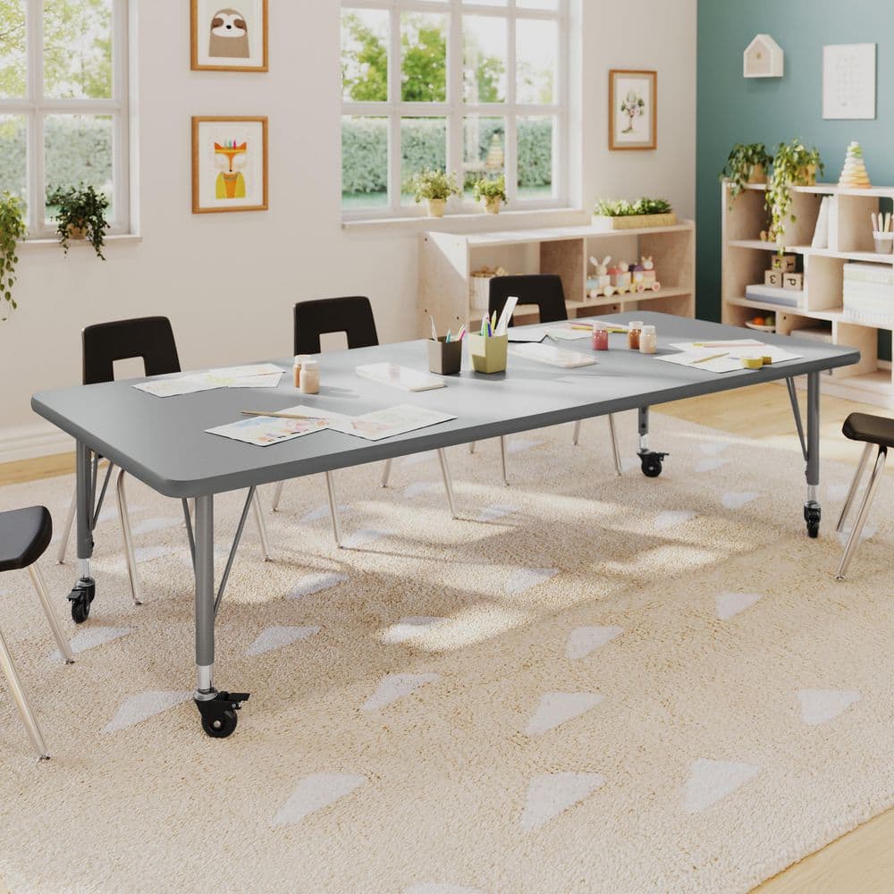Wren Adjustable Gray Top/Silver Frame Rectangle Kids Activity Table with Thermal Laminate Top for 10