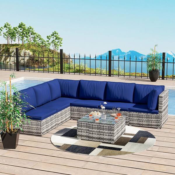 Cesicia Grey Frame 7-Piece Wicker Patio Conversation Set with Navy Blue Cushions Pillows and Glass Table