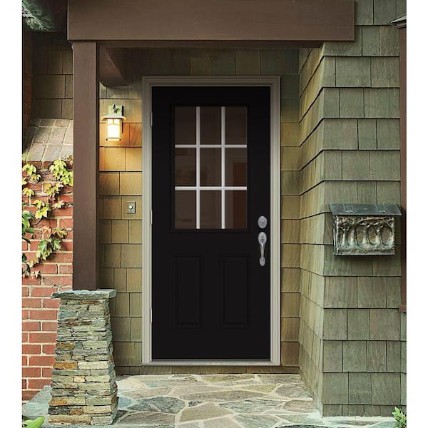 30 in. x 80 in. 9 Lite Black Painted Steel Prehung Right-Hand Outswing Entry Door w/Brickmould