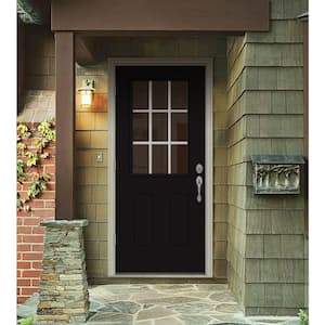32 in. x 80 in. 9 Lite Black Painted Steel Prehung Right-Hand Outswing Entry Door w/Brickmould