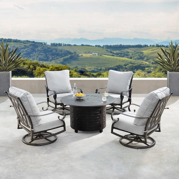 Oakland Living Rica Luxurious Antique Copper 5-Piece Aluminum Patio Fire Pit Deep Seating Set with Light Grey Cushions