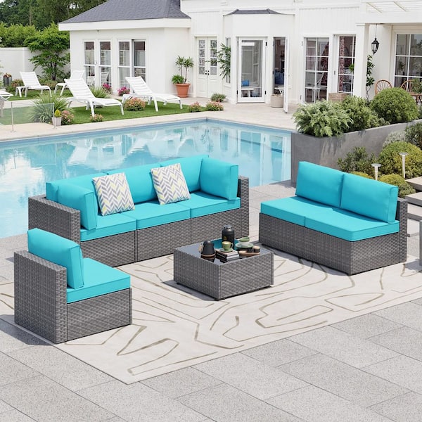 7-Piece Wicker Outdoor Sectional Sofa Set with Blue Cushions