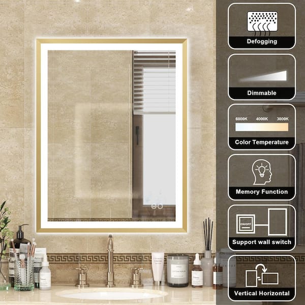 LUKY 28 in. W x 36 in. H Rectangular Single Aluminum Framed Antifog Dimmable Wall Bathroom Vanity Mirror in Brushed Gold