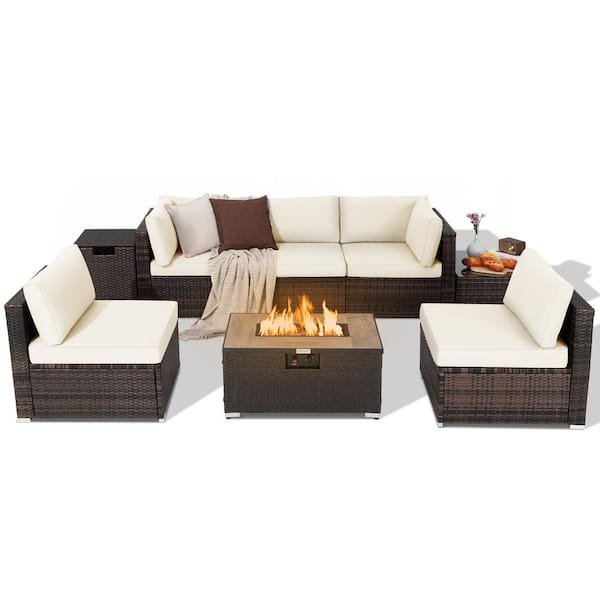 Costway 8-Piece Patio Rattan Furniture Set Fire Pit Table Tank Holder Cover Deck Off White