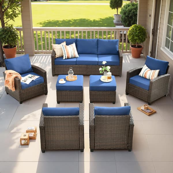 Caodoc Serena Grey 7-Piece Outdoor Leisure Wicker Conversation Sofa Set for Patio with Ottomans and Navy Blue Cushions