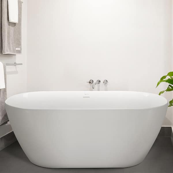MYCASS 59 in. x 28.74 in. Acrylic Flatbottom Freestanding Soaking Bathtub with Center Drain and Overflow Included in White
